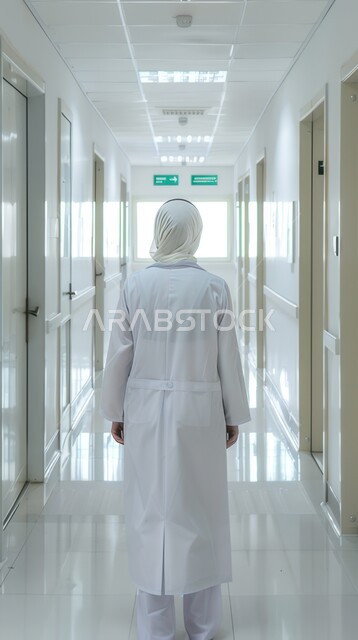 العمل في المستشفيات والمراكز الطبية، صورة من الخلف لطبيبة عربية سعودية خليجية محجبة ترتدي المعطف الأبيض تقف باستقامة في ممر المستشفى, المهن والوظائف النسائية، مفهوم الطب والرعاية الصحية، الاستعداد لتقديم الخدمات