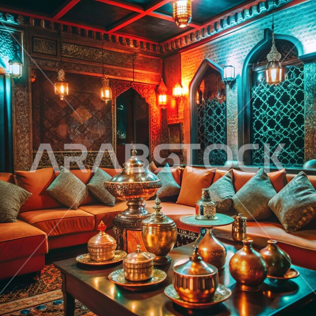 A traditional Arabic diwan with comfortable cushions and low tables, accessories and antiques with popular designs and decorations, the concept of hospitality and reception, enjoying popular gatherings, authentic customs and traditions in honoring guests in the Kingdom of Saudi Arabia, a traditional coffee set arranged