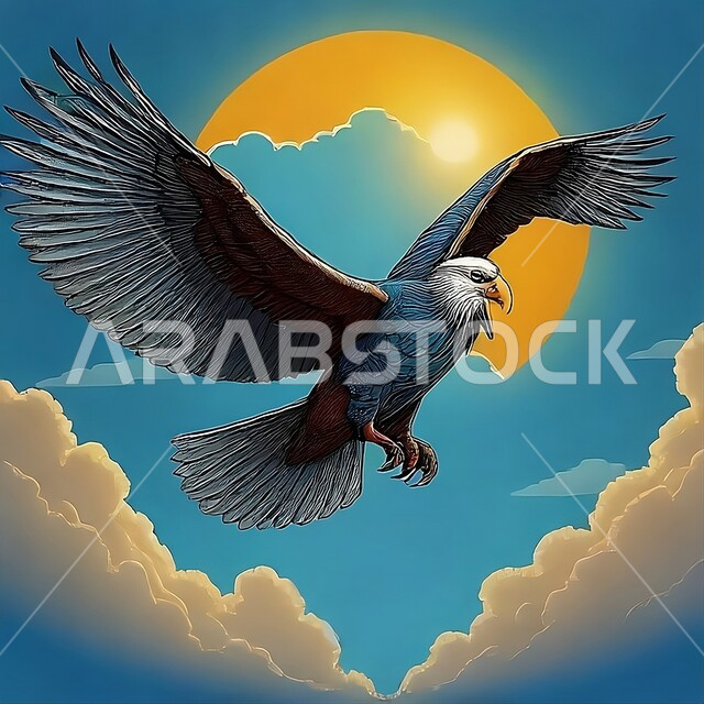 حدة البصر ورمز القوة والتحدي، تدريب وترويض الطيور الجارحة والمفترسة في المملكة العربية السعودية، إقامة نادي الصقور في موسم الصيد السنوي، الفخر بالتراث السعودي العريق، رسوم توضيحية لطائر الصقر يطير في السماء الزرقاء