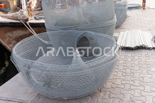 Traditional old fishing methods, marine rock traps and fish traps for fishing in the Raqqa Al Buteen area in Dubai, in the United Arab Emirates, using traditional folk tools and equipment