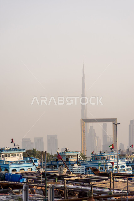 Architectural engineering art of building towers and skyscrapers in the modern style, urban progress and growth, famous landmarks and tourist places in the United Arab Emirates, attracting and attracting tourists from all over the world, Burj Khalifa and Dubai Frame