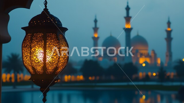الاحتفال بقدوم شهر رمضان المبارك, ديكور وزينة الاعياد والمناسبات الدينية، أجواء رمضانية وروحانية إسلامية، فانوس عربي معدني مزخرف مضيء معلق, خلفية قبب ومآذن مسجد اسلامي