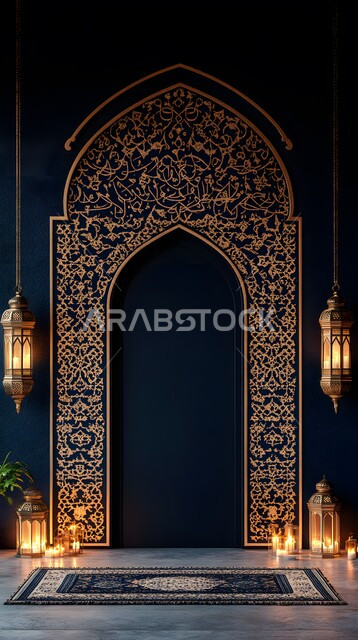 زينة الأعياد والمناسبات الدينية, فوانيس معدنية مضيئة باللون الذهبي، مفهوم العبادة والتقرب إلى الله تعالى, قالب تهنئة بقدوم شهر الخير، ديكور والتصميم  هندسي مميز في رمضان المبارك