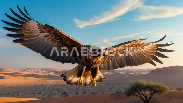 العناية والاهتمام بالحيوانات، حدة بصر الطيور الجارحة، صورة مقربة لتحليق النسر العربي في السماء فوق المناطق الصحراوية والرمال الذهبية، الحياة البرية في المملكة السعودية، التكوينات والتشكيلات الصخرية