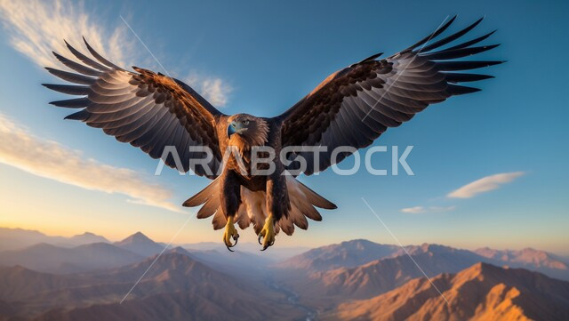 التكوينات والتشكيلات الصخرية، الحياة البرية في المملكة السعودية، حدة بصر الطيور الجارحة، الاهتمام والعناية بالحيوانات، صورة مقربة لتحليق النسر العربي في السماء فوق المناطق الصحراوية والرمال الذهبية