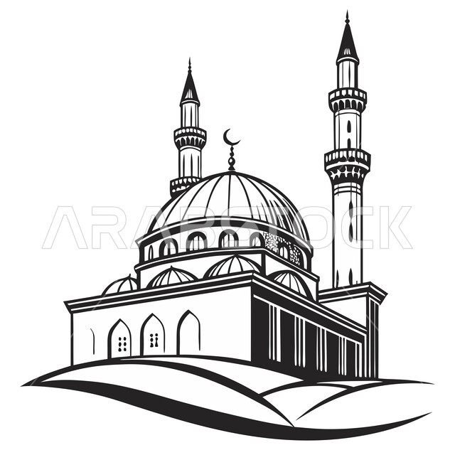 Modern architectural art of domes and minarets, performing religious duties and prayers, worship and getting closer to Allah Almighty, 3D black illustration of an Islamic mosque, white background