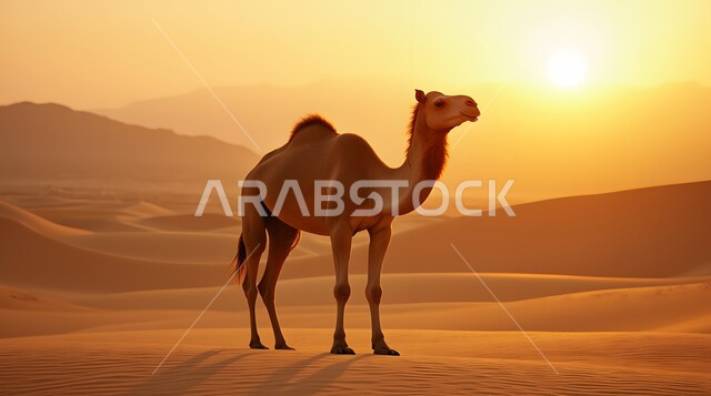  الاهتمام في تربية الجمال و الإبل، الرمال الذهبية في المناطق الصحراوية، مفهوم رعاية المواشي والحيوانات، التكوينات والتشكيلات الرملية في الصحاري, حيوان الجمل يقف وسط صحراء المملكة العربية السعودية