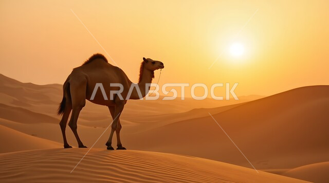 حيوان الجمل يقف وسط صحراء المملكة العربية السعودية، الاهتمام في تربية الجمال و الإبل، الرمال الذهبية في المناطق الصحراوية، مفهوم رعاية المواشي والحيوانات، التكوينات والتشكيلات الرملية في الصحاري