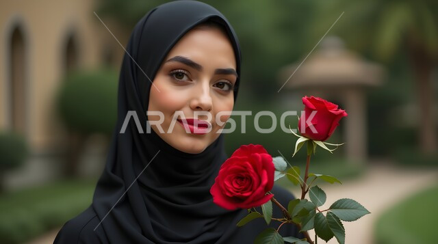 Offering flowers on holidays and happy occasions, the concept of femininity and softness, interest in elegance and outward appearance, a close-up image of a Saudi Arabian Gulf woman wearing a hijab and an abaya holding a red rose in her hand with gestures of love, joy and happiness