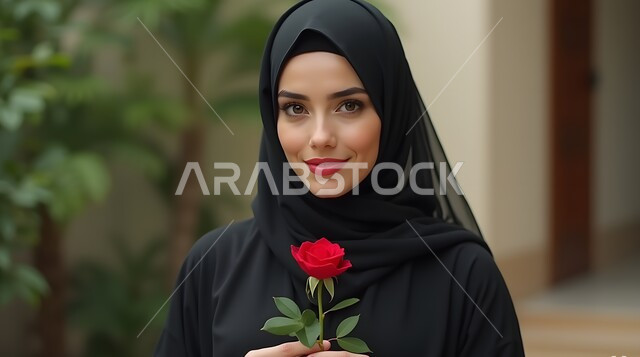 الاهتمام بالأناقة والمظهر الخارجي، صورة مقربة لامرأة عربية خليجية سعودية ترتدي الحجاب والعباءة تحمل بيدها وردة حمراء جورية بايماءات الحب والفرح والسعادة، تقديم الزهور في الأعياد والمناسبات السعيدة، مفهوم الأنوثة والنعوم