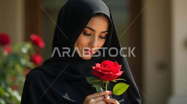الأناقة والاهتمام المظهر الخارجي، صورة مقربة لامرأة عربية خليجية سعودية ترتدي الحجاب والعباءة تحمل بيدها وردة حمراء جورية بايماءات الحب والفرح والسعادة، تقديم الزهور في الأعياد والمناسبات السعيدة، مفهوم الأنوثة والنعوم