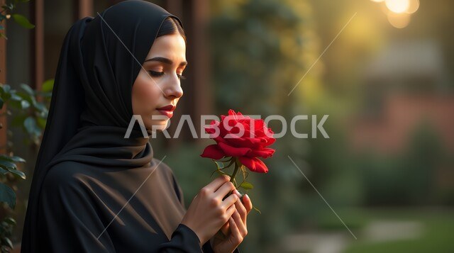 مفهوم الأنوثة والنعومة، الاهتمام بالأناقة والمظهر الخارجي، صورة مقربة لامرأة عربية خليجية سعودية ترتدي الحجاب والعباءة تحمل بيدها وردة حمراء جورية بايماءات الحب والفرح والسعادة، تقديم الزهور في الأعياد والمناسبات السعيدة