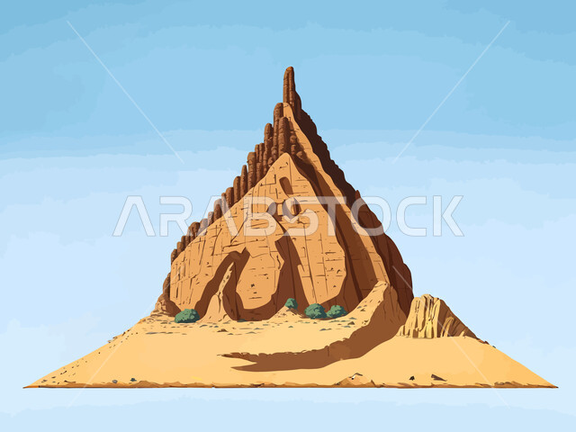 قالب تصميم ديني بالخط العربي، مخطوطة كلمة الله على مجسم ثلاثي أبعاد لجبل في منطقة صحراوية، لوحة بعبارة وزخرفة اسلامية، خلفية طبيعية في الصحراء