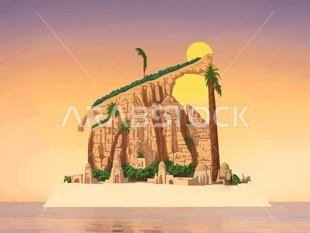 مخطوطة كلمة الله على مجسم ثلاثي أبعاد لجبل في منطقة صحراوية، قالب تصميم ديني بالخط العربي، لوحة بعبارة وزخرفة اسلامية، خلفية طبيعية في الصحراء