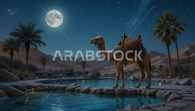 القمر المكتمل المضيء في السماء، الرمال الذهبية في المناطق الصحراوية، مفهوم رعاية المواشي والحيوانات، التكوينات والتشكيلات الرملية في الصحاري, حيوان الجمل يقف وسط صحراء المملكة العربية السعودية, الاهتمام في تربية الجمال و الإبل