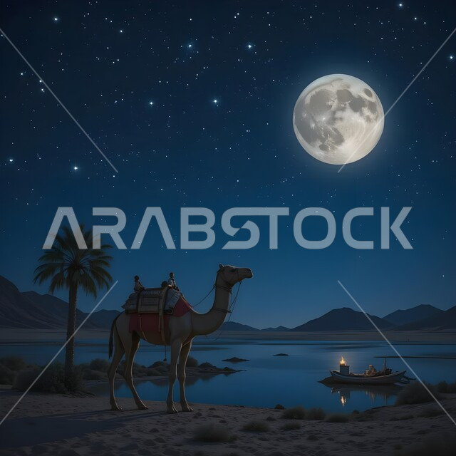 القمر المكتمل المضيء في السماء، الرمال الذهبية في المناطق الصحراوية، مفهوم رعاية المواشي والحيوانات، التكوينات والتشكيلات الرملية في الصحاري, حيوان الجمل يقف وسط صحراء المملكة العربية السعودية, الاهتمام في تربية الجمال و الإبل