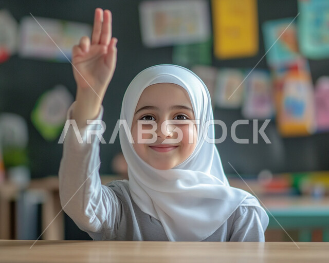 المشاركة والتفاعل داخل الفصل الدراسي، صورة مقربة لطالبة عربية خليجية سعودية محجبة مبتسمة تجلس على المقعد ترفع يدها للإجابة على السؤال، التربية والتعليم بالمناهج المقررة للطلاب في المملكة العربية السعودية، ايماءات الحماس لمعرفة الجواب الصحيح