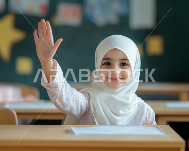ايماءات الحماس لمعرفة الجواب الصحيح، المشاركة والتفاعل داخل الفصل الدراسي، صورة مقربة لطالبة عربية خليجية سعودية محجبة مبتسمة تجلس على المقعد ترفع يدها للإجابة على السؤال، التربية والتعليم بالمناهج المقررة للطلاب في المملكة