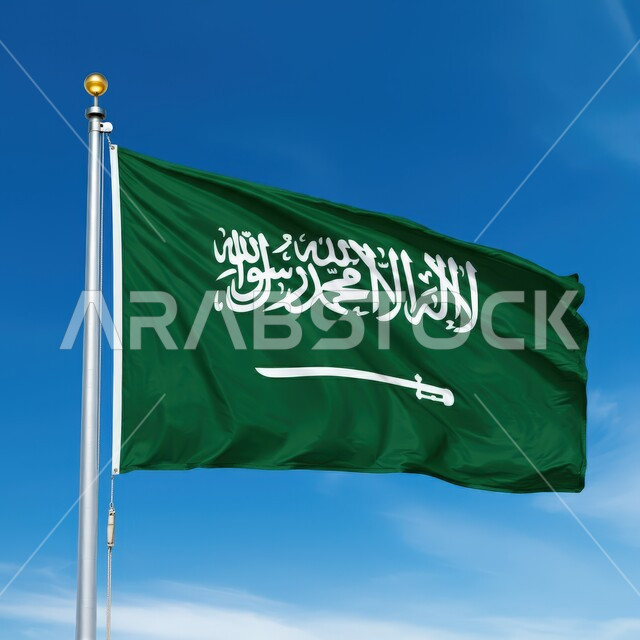 الاحتفال بالمناسبات والاعياد الوطنية، ذكرى العيد الوطني 23 سبتمبر، يوم العلم 11 مارس، علم المملكة العربية السعودية يرفرف في السماء، راية التوحيد والإسلام وشعار الهوية الوطنية، مفهوم حب الوطن والانتماء اليه، الاخلاص والولاء للبلاد، خلفية السماء الزرقاء