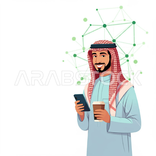 خطوط شبكة الاتصالات، الاستمتاع بالمشروب الساخن، مفهوم التقدم التكنولوجي و التقني,  استخدام الجهاز التقني الحديث, رسوم توضيحية لشاب عربي خليجي سعودي يرتدي الثوب التقليدي و الشماغ يحمل بيده كوب من القهوة يستخدم الهاتف المحمول, خلفية بيضاء