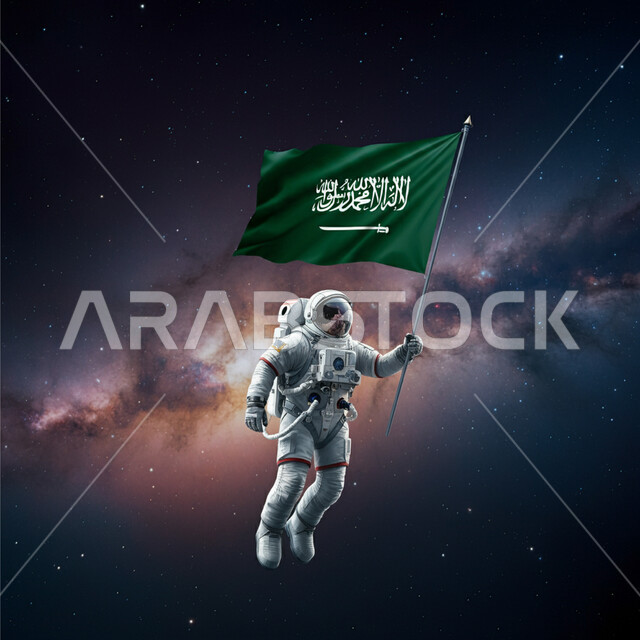يوم العلم السعودي ١١ مارس، الاحتفال باليوم الوطني ٢٣ سبتمبر، رائد فضاء عربي خليجي سعودي يرتدي بدلة الفضاء السعودية يحمل بيده علم المملكة, مجرة درب التبانه , وصول السعوديه الى الفضاء، خلفية السماء المليئة بالنجوم في الليل