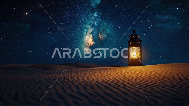 فانوس معدني مضيء وسط الرمال في الصحراء، الكثبان الرملية والبيئة الصحراوية في المناطق البرية في الليل، منظر السماء المليئة بالنجوم اللامعة، مجرة درب التبانة فوق المملكة العربية السعودية، زينة و إضاءة الاعياد والمناسبات الدينية، شهر رمضان المبارك