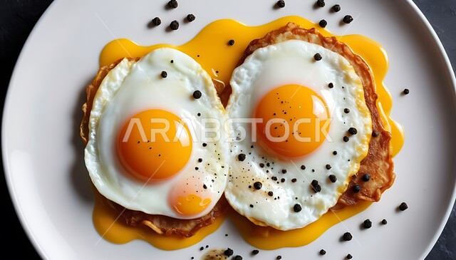 Delicious protein-packed breakfast, quick and healthy breakfast, vertical top view of a plate of fried sunny side up eggs, food presentation arts in Saudi Arabia restaurants, high-value food, nutritious meals and dishes