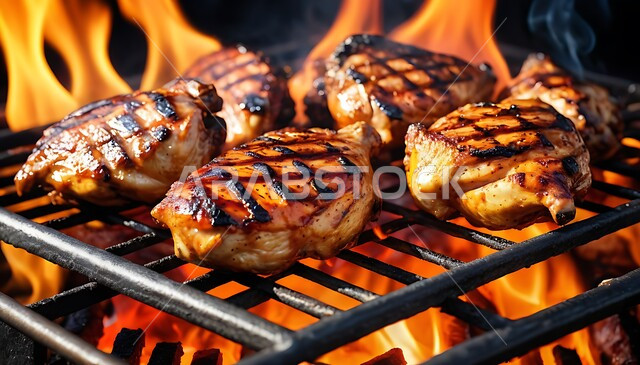 قطع من الدجاج المشوي داخل الشواية، وصفة الباربكيو الشهية، طبق عربي تقليدي شرقي، طعام غني بالبروتين، أكلات ومطاعم المملكة العربية السعودية