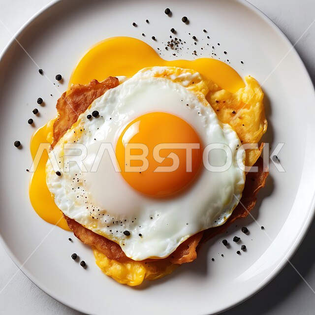 غذاء ذات قيمة عالية, وجبات ومأكولات مغذية، الفطور اللذيذ المليء بالبروتين، وجبة صباحية صحية وسريعة، صورة علوية عامودية لطبق من بيض العيون المقلي, فنون تقديم الطعام في مطاعم المملكة العربية السعودية