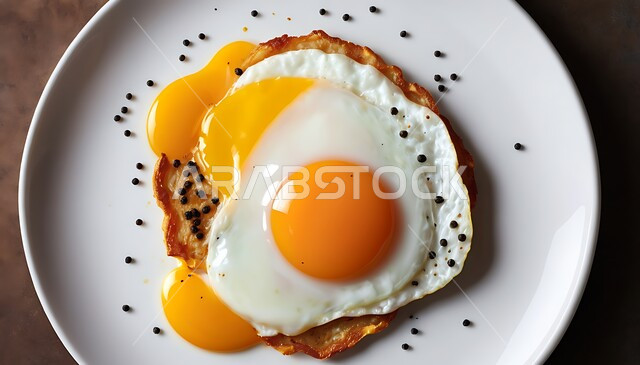 الفطور اللذيذ المليء بالبروتين، وجبة صباحية صحية وسريعة، صورة علوية عامودية لطبق من بيض العيون المقلي, فنون تقديم الطعام في مطاعم المملكة العربية السعودية, غذاء ذات قيمة عالية, وجبات ومأكولات مغذية