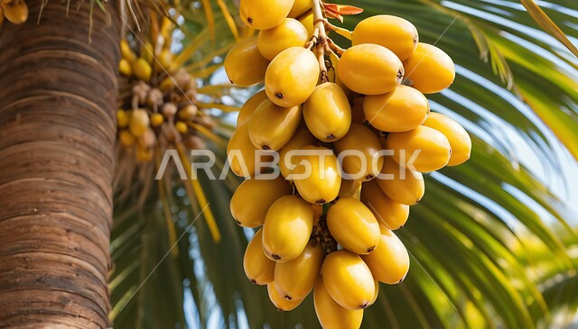 محمية طبيعية لزراعة أشجار النخيل في المملكة العربية السعودية، صورة مقربة لعنقود من حبات الرطب الطازجة، الاهتمام بالاشجار والنباتات الخضراء المثمرة، ثمرة التمر ومحصول زراعي محلي وطني، موسم حصاد وقطاف البلح