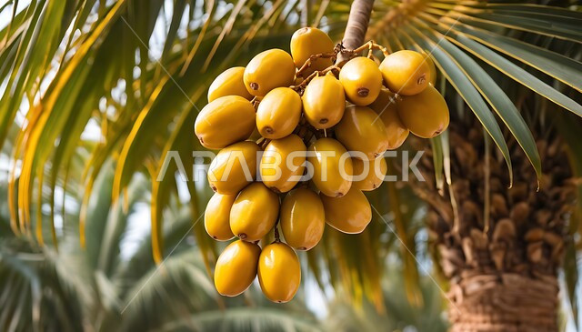 محمية طبيعية لزراعة أشجار النخيل في المملكة العربية السعودية، صورة مقربة لعنقود من حبات الرطب الطازجة، الاهتمام بالاشجار والنباتات الخضراء المثمرة، ثمرة التمر ومحصول زراعي محلي وطني، موسم حصاد وقطاف البلح