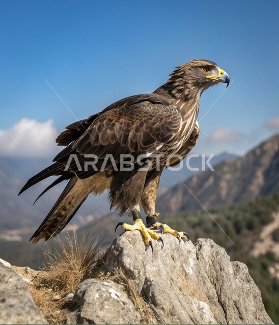 محمية طبيعية لتربية الطيور الجارحة في المملكة العربية السعودية، مفهوم حدة وقوة البصر، صورة مقربة لطائر الصقر يقف على صخرة في النهار