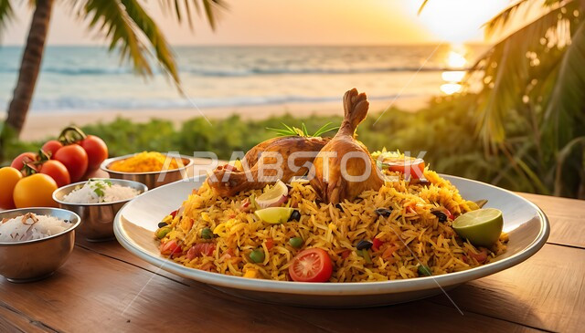 سفرة طعام في الهواء الطلق، صحن من رز الكبسة، وصفة طعام تقليدية شهية، مأكولات وأطباق عربية شعبية، صورة مقربة لطبق من أرز البرياني مع أفخاذ الدجاج المحمرة والخضراوات، طبخ سعودي تقليدي، خلفية شاطئ البحر والأشجار الخضراء
