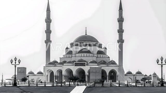 نداء المسلمين لأداء الفروض والصلاة، مفهوم العبادة والتقرب إلى الله تعالى، معلم ديني اسلامي في الإمارات العربية المتحدة, الفن الهندسي المعماري لبناء المساجد على الطراز الإسلامي, صورة بالأبيض والاسود لمسجد الشارقة