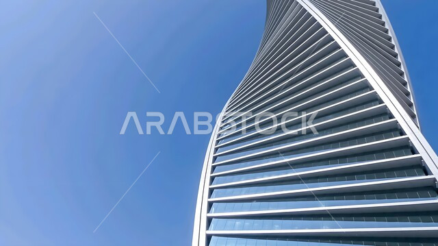 Architectural engineering art of building towers and skyscrapers, famous tourist places and landmarks in the Kingdom of Saudi Arabia, attracting and attracting tourists from all over the world, a close-up of the scheduled tower in the city of Riyadh