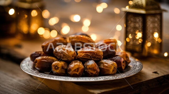 الديكور والانوار في الأجواء الرمضانية الروحانية، فوانيس و تحف اسلامية تقليدية للاحتفال بقدوم شهر الخير، ضيافة شهر رمضان المبارك، فانوس عربي معدني مزخرف بجانب وعاء مليء بالتمر، منتج وطني محلي في المملكة العربية السعودية