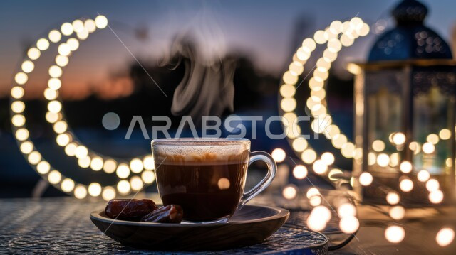كوب من القهوة مع حبات التمر الطازجة، الديكور والانوار في الأجواء الرمضانية الروحانية، فوانيس و تحف اسلامية تقليدية للاحتفال بقدوم شهر الخير، ضيافة شهر رمضان المبارك، فانوس عربي معدني مزخرف، منتج وطني محلي في المملكة العربية السعودية، وجبة غذائية عالية القيمة