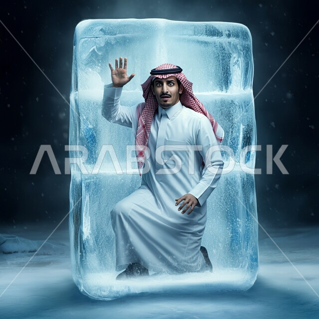 الجليد في فصل الشتاء، رفع اليدين بايماءات التقيد ومحاولة الخروج، رجل عربي خليجي سعودي يرتدي الشماغ والثوب التقليدي متجمد داخل مكعب من الثلج بتعابير الدهشة والذهول، مفهوم البرد الشديد