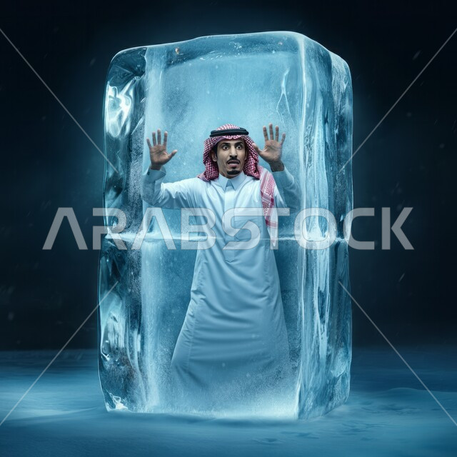 الجليد في فصل الشتاء، رفع اليدين بايماءات التقيد ومحاولة الخروج، رجل عربي خليجي سعودي يرتدي الشماغ والثوب التقليدي متجمد داخل مكعب من الثلج بتعابير الدهشة والذهول، مفهوم البرد الشديد