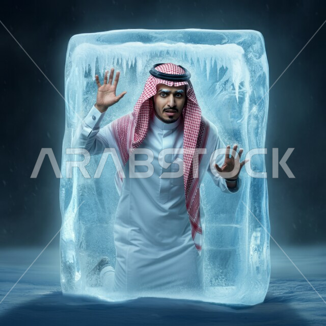 مفهوم البرد الشديد، الجليد في فصل الشتاء، رفع اليدين بايماءات التقيد ومحاولة الخروج، رجل عربي خليجي سعودي يرتدي الشماغ والثوب التقليدي متجمد داخل مكعب من الثلج بتعابير القلق والخوف