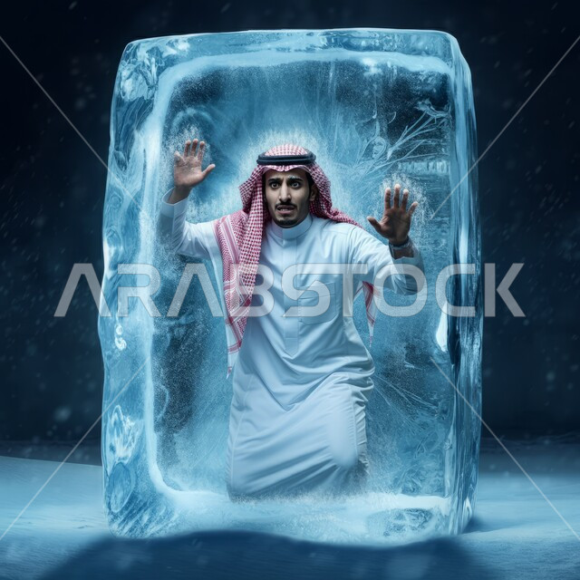 مفهوم البرد الشديد، الجليد في فصل الشتاء، رفع اليدين بايماءات التقيد ومحاولة الخروج، رجل عربي خليجي سعودي يرتدي الشماغ والثوب التقليدي متجمد داخل مكعب من الثلج بتعابير القلق والخوف