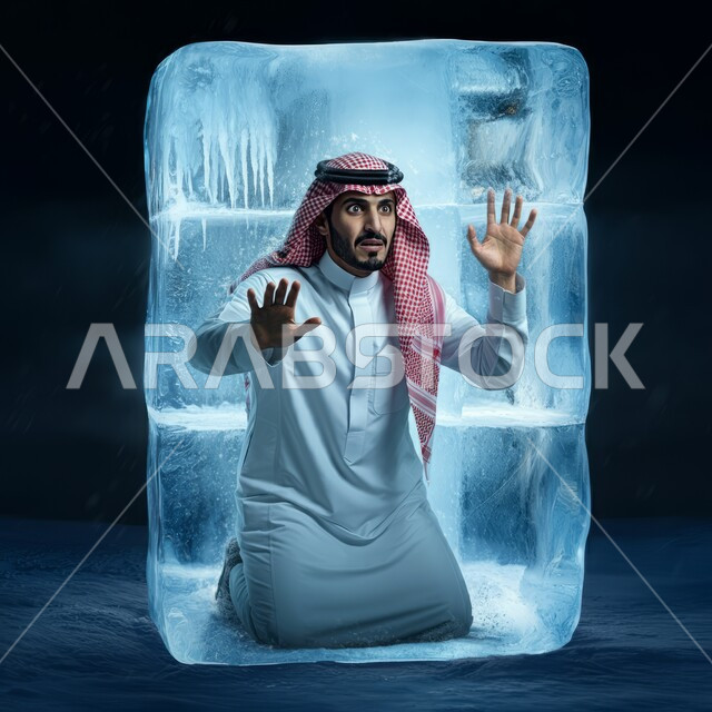 الجليد في فصل الشتاء، رفع اليدين بايماءات التقيد ومحاولة الخروج، رجل عربي خليجي سعودي يرتدي الشماغ والثوب التقليدي متجمد داخل مكعب من الثلج بتعابير الدهشة والذهول، مفهوم البرد الشديد