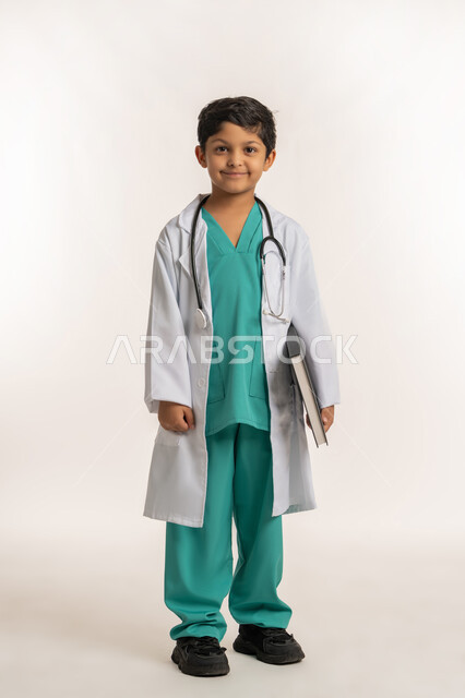 تحديد مهنة المستقبل، الهدف والطموح المستقبلي بالعمل في العيادات والمشافي، مفهوم الطب والرعاية الصحية، بورتريه لولد عربي خليجي اماراتي يرتدي المعطف الأبيض يضع السماعة الطبية يحلم بالعمل كطبيب، فتى سعودي يحمل بيده سجل المرضى، صورة لكامل الجسم، خلفية بيضاء