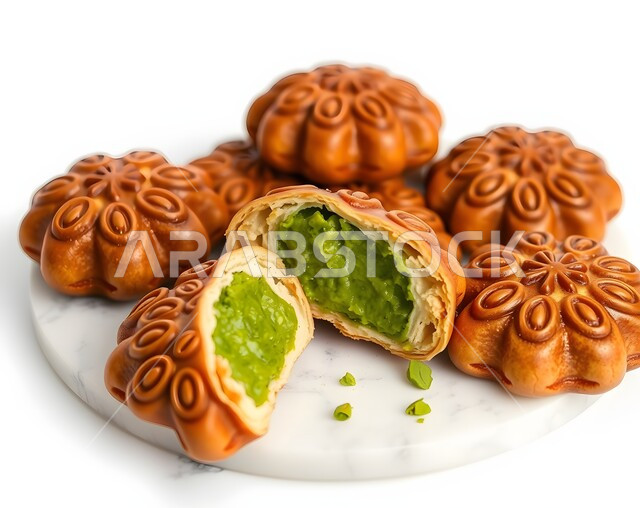 طريقة إعداد وتحضير الحلويات الشهية، قطع من حلوى العيد بالمكسرات، أقراص المعمول بالفستق اللذيذة، الاحتفال بالأعياد والمناسبات الإسلامية السعيدة، حلا شعبي طازج، منتج محلي وطني، كرم الضيافة وحسن الاستقبال في السعودية، خلفية بيضاء