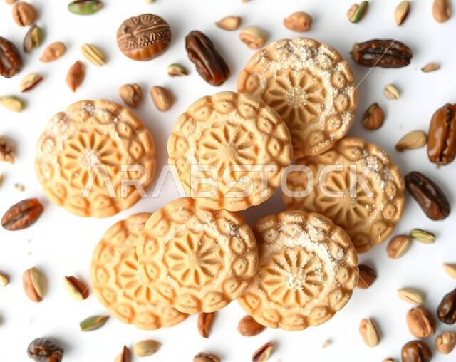 أقراص المعمول بالعجوة اللذيذة، الاحتفال بالأعياد والمناسبات الإسلامية السعيدة، حلا شعبي طازج، منتج محلي وطني، كرم الضيافة وحسن الاستقبال في السعودية، طريقة إعداد وتحضير الحلويات الشهية، قطع من حلوى العيد بالمكسرات، خلفية بيضاء