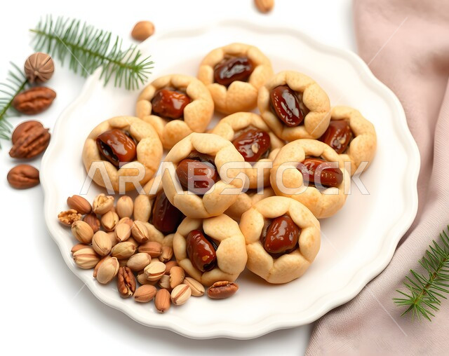 أقراص المعمول بالعجوة اللذيذة، الاحتفال بالأعياد والمناسبات الإسلامية السعيدة، حلا شعبي طازج، منتج محلي وطني، كرم الضيافة وحسن الاستقبال في السعودية، طريقة إعداد وتحضير الحلويات الشهية، قطع من حلوى العيد بالمكسرات، خلفية بيضاء