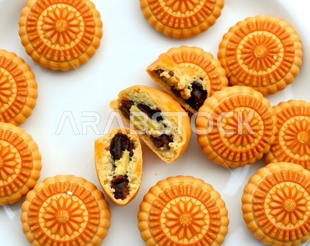 Celebrating happy Islamic holidays and occasions, fresh popular dessert, hospitality and good reception in Saudi Arabia, how to prepare and make delicious sweets, pieces of Eid sweets with nuts, delicious date cookies, a local national product, white background