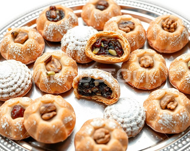 كرم الضيافة وحسن الاستقبال في السعودية، الاحتفال بالأعياد والمناسبات الإسلامية السعيدة، حلا شعبي طازج، طريقة إعداد وتحضير الحلويات الشهية، قطع من حلوى العيد بالمكسرات، أقراص المعمول بالعجوة اللذيذة، منتج محلي وطني، خلفية بيضاء