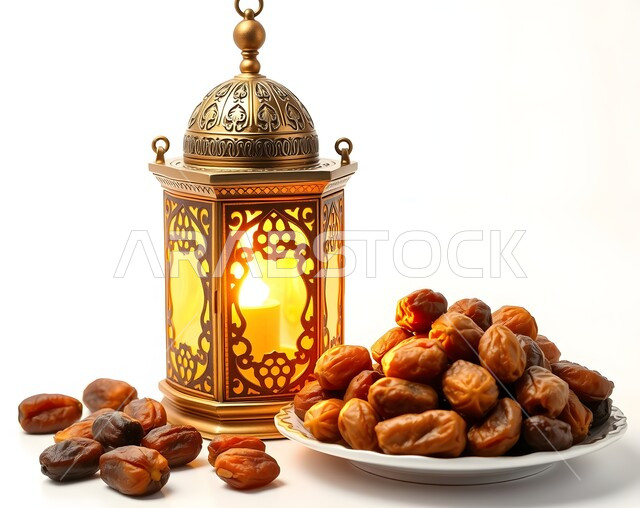 غذاء صحي ومفيد، افطار الصائم في رمضان, ضيافة شهر الخير، فانوس معدني تقليدي مزخرف مضيء بجانب وعاء مليء بالتمر، فوانيس و تحف اسلامية تقليدية للاحتفال بقدوم المناسبات الدينية, منتج محلي وطني، وجبة ذات قيمة غذائية عالية، خلفية بيضاء
